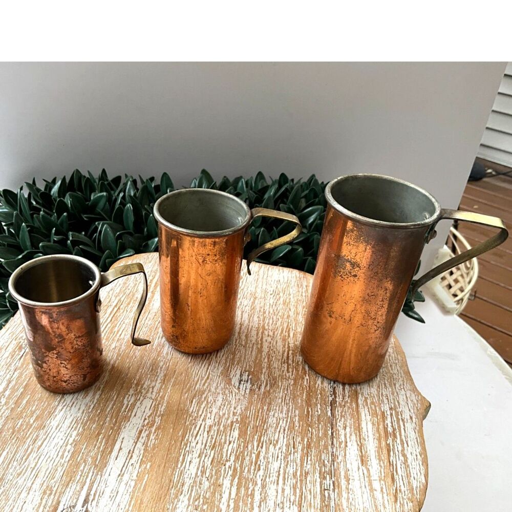 3 vintage copper measuring cups; unusual size MCM copper